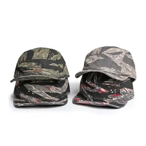 Variety of 5-panel tiger camouflage baseball caps in green, gray and red pattern