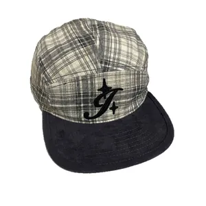 Vintage plaid flat brim baseball cap with star J embroidery and black suede visor
