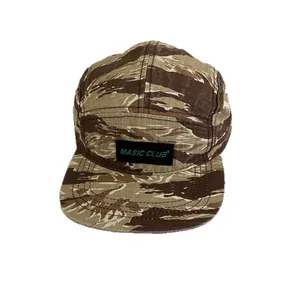 Brown tiger camo 5-panel flat brim baseball cap with Masic Club woven patch label
