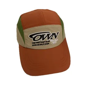 Retro color-block 5-panel camper hat with OWN embroidery on white background
