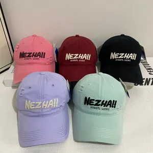 Distressed cotton baseball cap with NEZHA embroidery in multiple colors for a casual look