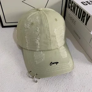 Distressed light green cotton baseball cap with iron rings and Courage embroidery