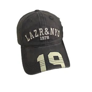 Vintage washed cotton baseball cap with LAZR & NYO embroidery and 19 digit print