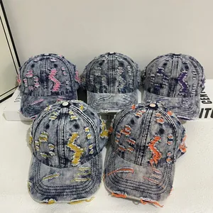 Vintage Distressed Washed Denim Baseball Cap For Women Men Ripped Hole Streetwear Adjustable Sun Hat Retro Fashion Accessory