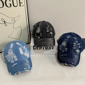 Women American Vintage Washed Denim Distressed Baseball Cap Ripped Cotton Denim Adjustable Snapback Trucker Hat Retro Style