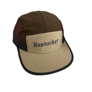 Outdoor color-block five-panel baseball cap with Nantucket print and mesh side panels