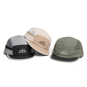 Three outdoor camper hats in khaki, grey and green showing quick-dry mesh and embroidery