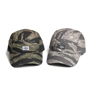 5-panel tiger stripe camouflage baseball caps in green and grey tactical workwear style