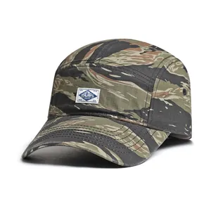 Detailed view of the 5-panel camper hat with tiger camouflage pattern and OSCAPS label