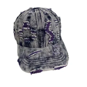 Vintage distressed denim baseball cap with purple patchwork and ripped details for men and women