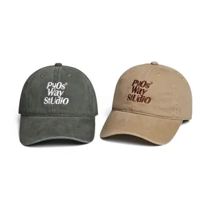 Gorras de béisbol de algodón lavado en verde oscuro y caqui con bordado 3D retro
