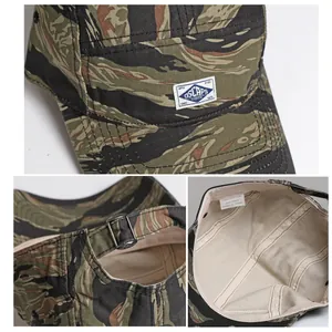 Detail view of cotton camo 5-panel cap with retro embroidery and adjustable metal buckle