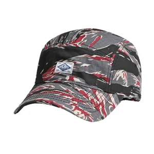 Unisex camouflage ripstop camper hat with red and black tiger stripes and front woven label