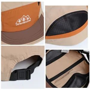 Detailed views of mountain-themed quick-dry mesh camper cap with embroidery and buckle