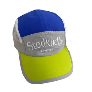 Breathable mesh baseball cap with blue grey and neon green contrast stitching design