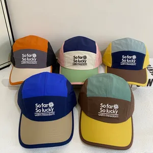 Unisex Color Block 5 Panel Camper Hat Quick Dry Nylon Baseball Cap With Lucky Clover Embroidery For Outdoor Travel Sun Protection