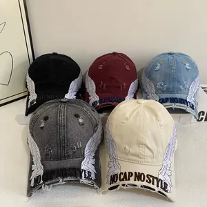 Unisex Distressed Cotton Denim Baseball Cap With Wing Embroidery No Cap No Style Letter Print Adjustable Streetwear Hat