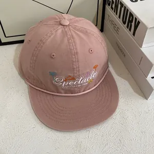 Pink vintage flat brim baseball cap with Spectacle embroidery and decorative cord