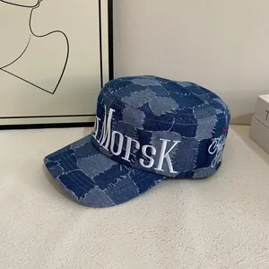 Retro dark blue denim flat top army cap with MORSK 3D embroidery and wide brim