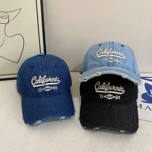 Vintage Distressed Denim Baseball Cap California Embroidery Washed Adjustable Sun Hat For Men Women Streetwear Fashion