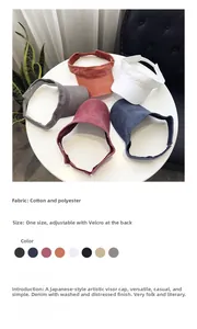 Detail of adjustable cotton-polyester sun visors with washed denim finish and velcro closure