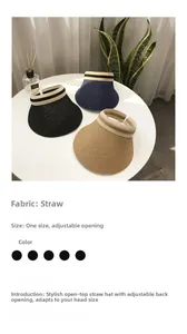 Detail of adjustable straw open-top sun hats in khaki, navy blue, and black colors