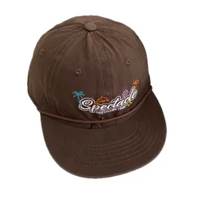 Retro brown cotton baseball cap with colorful embroidery and decorative front rope detail