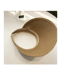 Detail view of khaki straw sun visor hat with elastic band on white background