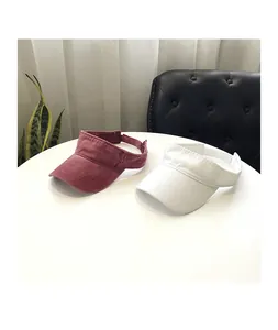 Detailed view of adjustable velcro straps on red and white cotton sun visors for women