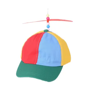 Kids colorful propeller hat with multi-color panels and spinning helicopter top
