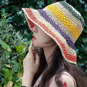 Women Bohemian Handmade Crochet Paper Straw Hat Foldable Wide Brim Multicolor Striped Sunshade Beach Fisherman Hat Outdoor Summer Sun Hat