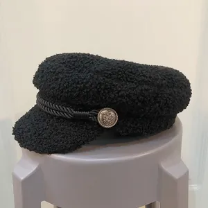 Women's black faux shearling navy hat with braided cord and silver vintage button