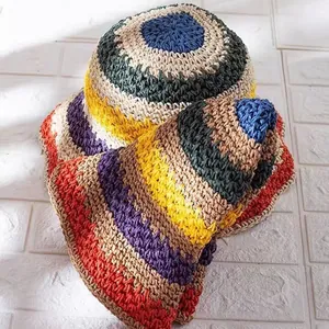 Handmade colorful crochet straw hat with vibrant concentric circles for summer sun protection
