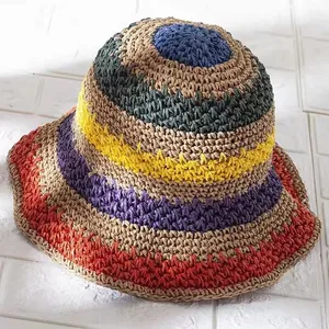 Colorful striped crochet straw bucket hat with textured weave for sun protection