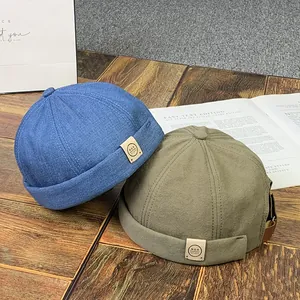 Bonnet Docker Vintage en Coton Denim Sans Bord Melon Cap Retro Streetwear Réglable Skullcap Pour Hommes Femmes Chapeau Décontracté