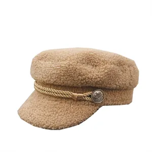 Beige lamb wool newsboy cap with braided strap and vintage gold button for winter
