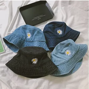 Daisy Embroidered Denim Bucket Hat For Women Men Sun Protection Flat Top Wide Brim Fisherman Hat Streetwear Outdoor Cap