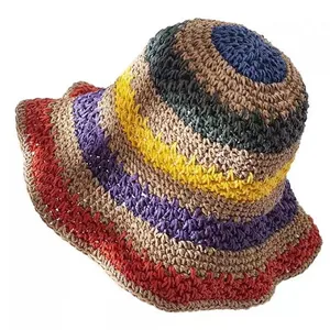 Handmade colorful striped straw sun hat with wide brim for summer beach and sun protection
