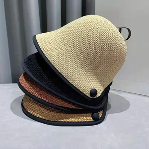 Women Japanese Minimalist Acrylic Woven Bucket Hat Summer Sun Protection Beach Cap With Black Piping Decorative Buttons