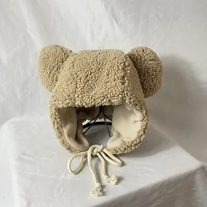 Winter khaki fleece trapper hat with cute bear ears and adjustable chin straps