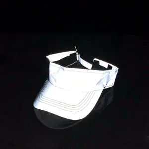 Detail of high-visibility reflective sun visor hat with adjustable strap and reinforced brim