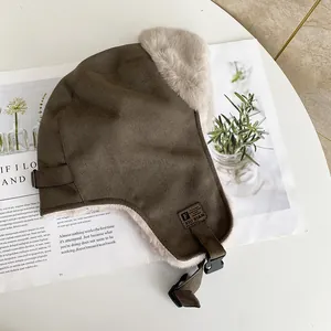 Cappello da aviatore vintage in pelle scamosciata con fodera in pelliccia sintetica