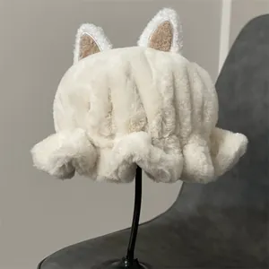 Women Cute Plush Bucket Hat With Animal Ears Winter Warm Thick Faux Fur Fisherman Hat Soft Fuzzy Beanie Hat For Ladies