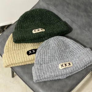 Women Winter Warm Chunky Knit Beanie Slouchy Solid Color Hat With XXX Embroidery Patch Cold Weather Outdoor Accessory