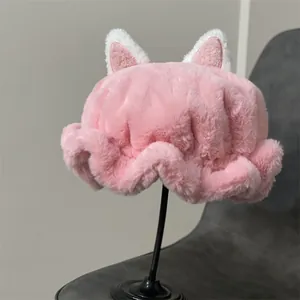 Pink plush cat ear beret with soft rabbit fur material and warm wavy edge design