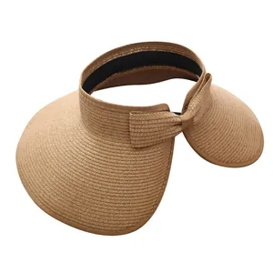 Foldable sun straw hat with wide brim and bow detail for outdoor summer beach protection