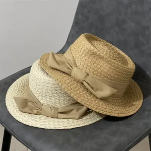 Chapeau de Paille Femme Style Hepburn Français Rétro Mode Grand Nœud Décoration Pare-Soleil Chapeau de Plage Été Voyage