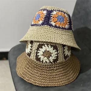 Handgemaakt Gehaakte Bloem Papierstro Bucket Hat Voor Dames Japanse Stijl Opvouwbaar Zonbescherming Zomer Strand Strohoed