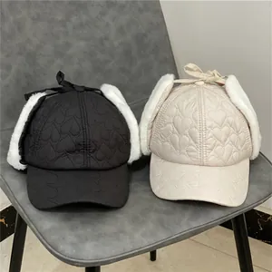 Women Winter Trapper Hat Korean Style Heart Quilted Ear Flap Warm Faux Fur Lining Peaked Cap Windproof Snow Hat Outdoor