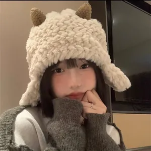 Cute lamb style plush trapper hat for women with warm ear flaps and small brown horns